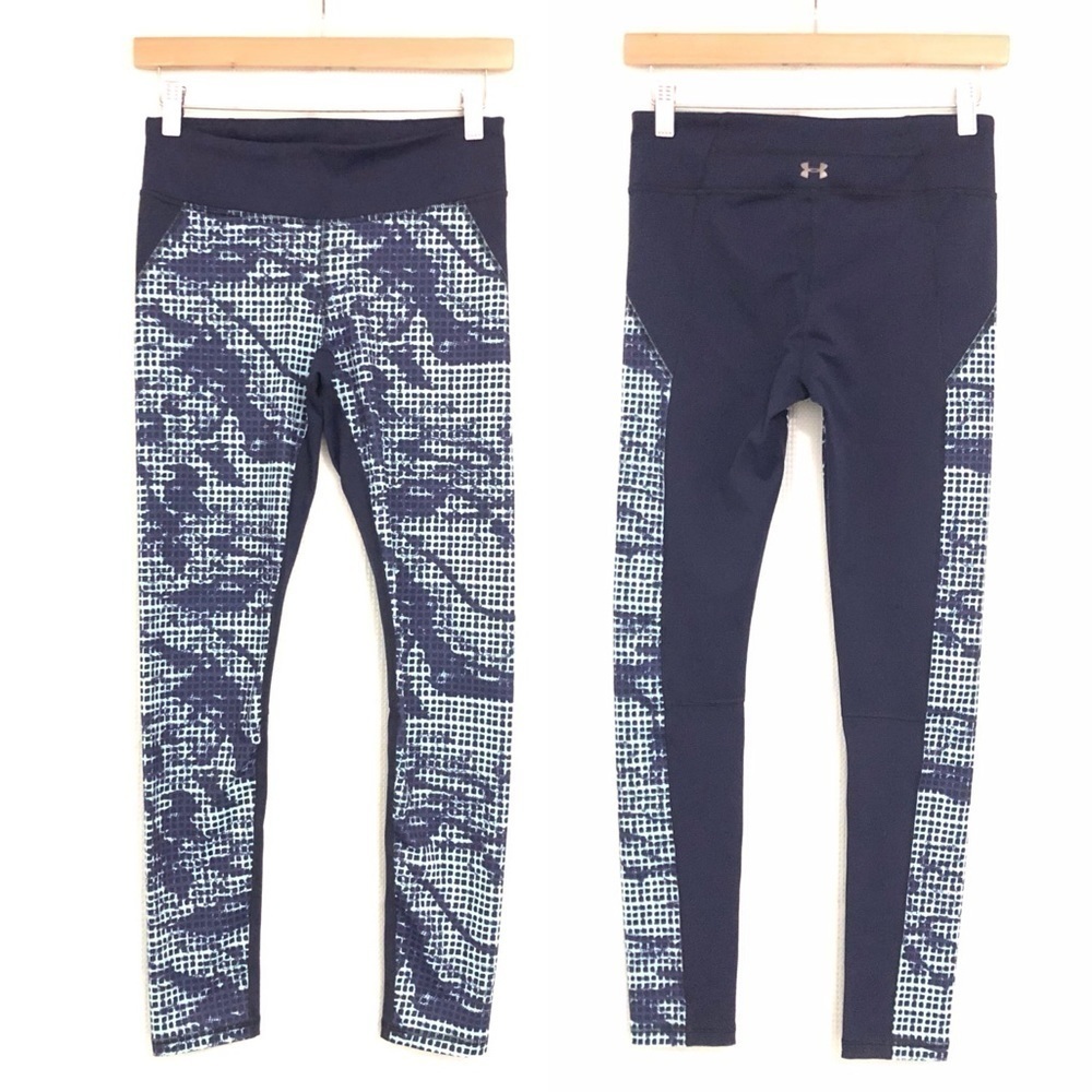 Under Armour Navy Blue Print Fitted Leggings HeatGear EUC Women's Small